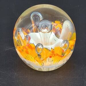 Art Glass White Orange Florals Controlled Bubbles Paperweight